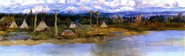350 人の有名アーティストによるアート作品 Painting - 白鳥の湖のクーテナイキャンプ 未完成 1926年 チャールズ・マリオン・ラッセル